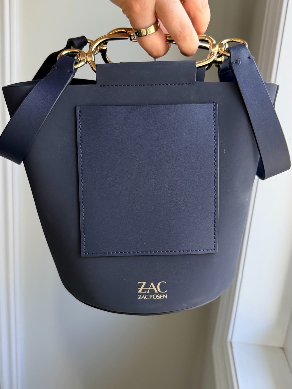 Classic Zac Posen Navy Bucket Handbag with Gold Hardware - Picture 2 of 2